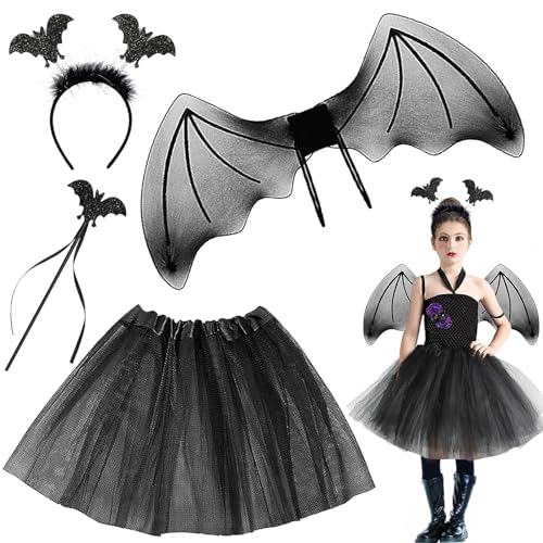 Halloween Kostüm Kinder, Fledermaus Kostüm Kinder mit Halloween Haarreif, Tutu Rock, Fledermaus Flügel und Zauberstab, Halloween Fledermaus Kostüm, Fledermaus Kostüm Mädchen für Kinder Cosplay Party von Zkaoai