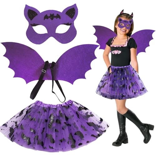 Fledermaus Kostüm Kinder, Halloween Kostüm Kinder, Fledermaus Kostüm Mädchen, Vampir Fledermausflügel mit Lila Schwarz Tutu, Fledermaus Flügel Kostüm,Cosplay Zubehör für Halloween Karneval Mottoparty von Zkaoai