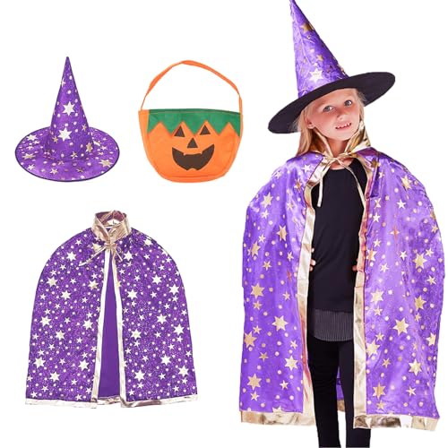 Kinder Halloween Kostüm, Zauberer Kostüm Kinder, Hexe Zauberer Umhang mit Hut, Halloween Hexe Umhang mit Kürbis Candy Bag und 20 Tattoos Aufkleber, Witch Umhang Kinder für Halloween Cosplay Party von Zkaoai