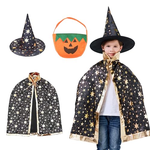 Kinder Halloween Kostüm, Zauberer Kostüm Kinder, Hexe Zauberer Umhang mit Hut, Halloween Hexe Umhang mit Kürbis Candy Bag und 20 Tattoos Aufkleber, Witch Umhang Kinder für Halloween Cosplay Party von Zkaoai