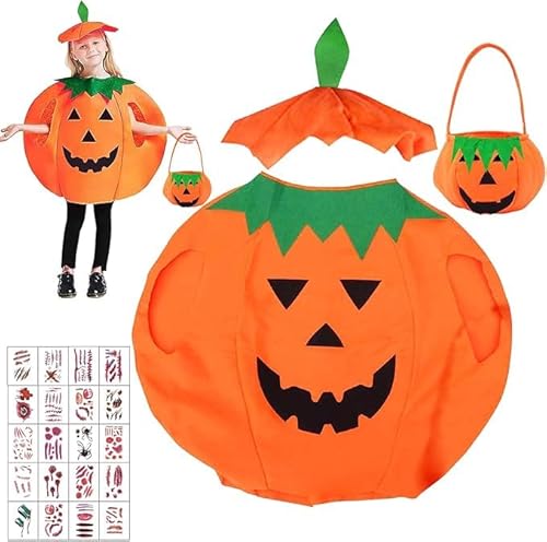 Kürbis Kostüm Kinder, Halloween Kostüm Kinder mit Kürbis Candy Bag, Halloween Kürbiskostüm Kind mit 20 Tattoos Aufkleber, Karnevals Kostüme für Junge Mädchen Cosplay Halloween une Karneval Party von Zkaoai