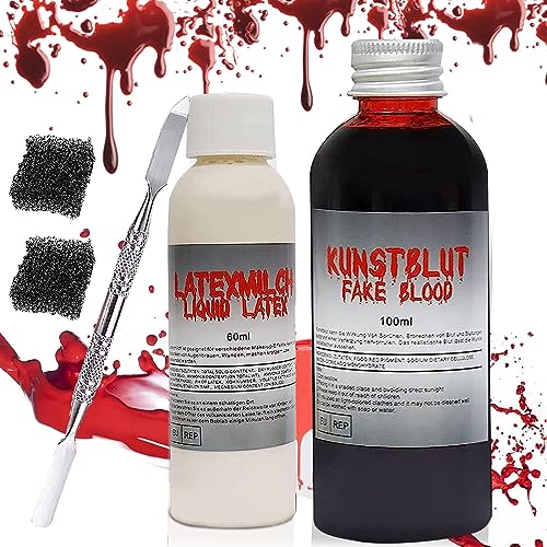 Kunstblut & Latexmilch Makeup Set, Fake Blood mit 2 Make-up Schwamm und Spatel, Kunstblut Auswaschbar, Fake Blut für Kinder Halloween Cosplay Bühne Kunstblut(100ml) von Zkaoai