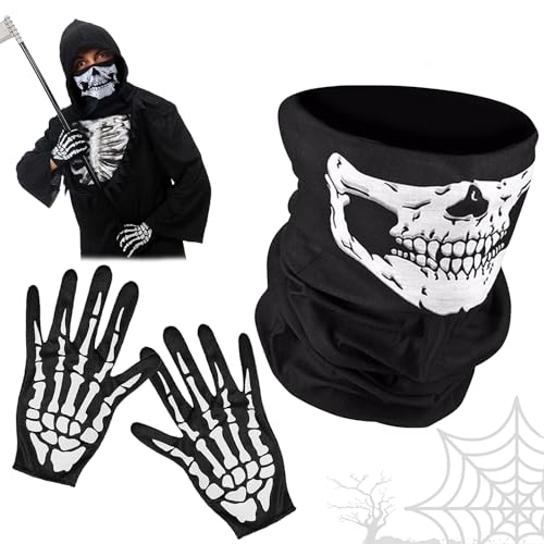 Skelett Maske + Skelett Handschuhe, Skeleton Gloves Gesichtsmaske, Halloween Skull Mask, Schädel Gesicht Schlauch Maske, Skelett Maske Kinder, Totenkopf Maske Schwarz Weiß für Cosplay Kostüm Karneval von Zkaoai