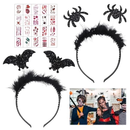 Zkaoai Halloween Haarreif, 2 Stück Halloween Kopfschmuck, Fledermaus Ohren Haarreif, Vampir Spinne Fledermaus Haarreifen mit 20 Halloween Tattoo, Halloween Spinnen Stirnband für Halloween Party von Zkaoai