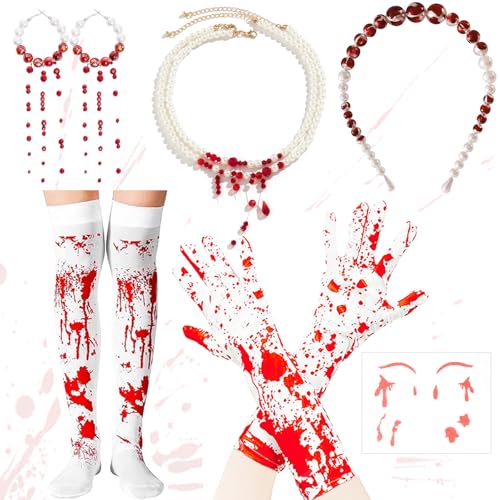 Zkaoai Bloody Gothic Accessoires, Halloween Haarreif Perlen Blut, Blut Handschuhe, Blut Ohrringe, Halloween Blutkette Halskette, Blut Tattoo, Blutsocken, Horror Deko Erwachsene Party Cosplay von Zkaoai