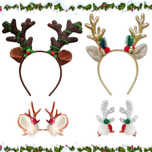 Zkaoai Rentier Haarreifen, Rentier Haarspangen, Reh Haarreif mit Ohren & Geweih, Haarspangen Haarschmuck Weihnachten, Geweih Weihnachten Stirnband, Weihnachten Haarschmuck für Frauen und Mädchen von Zkaoai