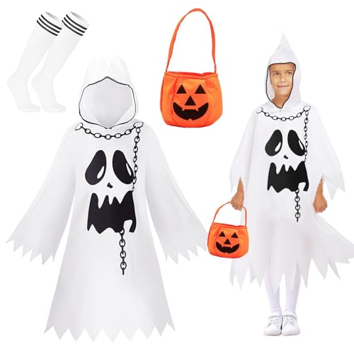 Zkaoai Geister Gespenst Kostüm Kinder, Geister Weiß Umhang Halloween mit Kürbis Tasche, Halloween Geist Geister umhang Kinder kostüm, Halloween Karnevals Geister Kostüm für Jungen und Mädchen (130) von Zkaoai