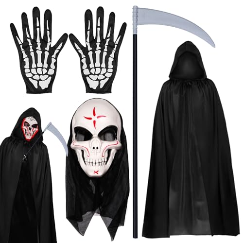 Zkaoai Halloween Umhang Set, Schwarzer Umhang mit Kapuze + Halloween Gesicht Maske + Skelett Handschuhe + Sense Des Todes, Halloween Skelett Kostüm, Halloween Hexe Umhang für Halloween, Maskerade von Zkaoai