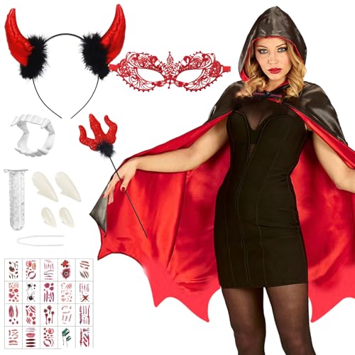 Teufel Kostüm Damen, Vampir Kostüm Damen, Schwarzer Roter Umhang Karneval, Teufel Kostüm, Vampir Umhang Frauen, mit Teufelsgabel Teufelshörner Temporäre Tattoo Vampirzähne für Karneval, Cosplay von Zkaoai