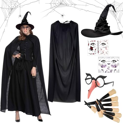 Zkaoai Hexenkostüm Damen Halloween, Hexenumhang Hexenhut Damen, Halloween Kostüm Damen, Unisex Umhang mit Kapuze, Hexenhut Hexenkostüm Damen Halloween Hexe Accessoires für Erwachsene Karneval Cosplay von Zkaoai