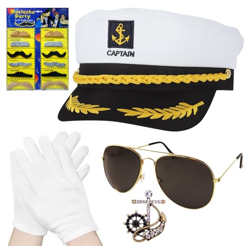 Zkaoai Kapitänsmütze Matrosenmütze, Kapitän Matrosen Kostüm, Kapitänsmütze Kostüm, Marine Mütze, Handschuhe, Sonnenbrille, Kapitän Prop, Abzeichen, Marine Hut für Karneval Mottoparty Partys Cosplay von Zkaoai