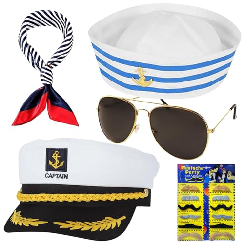 Zkaoai Kapitänsmütze Matrosenmütze, Kapitän Matrosen Kostüm, Kapitänsmütze Kostüm, Marine Mütze, Seemann Hut, Schal, Sonnenbrille, Kapitän Prop, Marine Hut für Karneval Mottoparty Partys Cosplay von Zkaoai