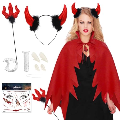 Teufel Kostüm Damen, Vampir Kostüm Damen, Schwarzer Roter Umhang Karneval, Teufel Kostüm, Vampir Umhang Frauen, mit Teufelsgabel Teufelshörner Temporäre Tattoo Vampirzähne für Karneval, Cosplay von Zkaoai