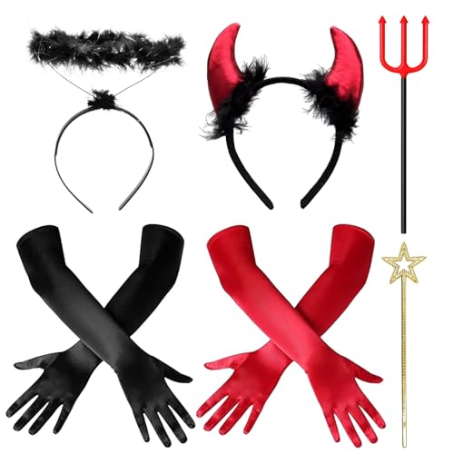 Teufel Halloween Kostüm Damen, Kostüm Damen Engel und Teufel, Teufel Hörner Haarreif, Teufelsdreizack, Heiligenschein Schwarz, Gold Zauberstab, Lange Handschuhe Damen, Halloween Kostüm Accessoires von Zkaoai