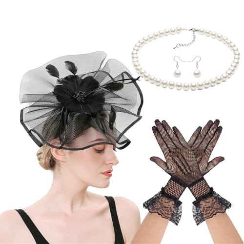 Zktfyshk Fascinator mit Spitze, Federblumen, Kopfbedeckung, Halskette, Handschuhe, Set für Frauen, Pferderennen, Festival, Kopfschmuck, Haarschmuck Zktfyshk Fascinator mit Spitze, Federblumen, Kopfbedeckung, Halskette, Handschuhe, Set für Frauen, Pferderennen, Festival, Kopfschmuck, Haarschmuck von Zktfyshk