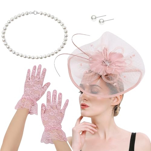 Zktfyshk Französischer Fascinator-Hut mit Halskette, Handschuhen und Ohrsteckern, Kostüm-Set für Pferderennen und Halloween-Partys Zktfyshk Französischer Fascinator-Hut mit Halskette, Handschuhen und Ohrsteckern, Kostüm-Set für Pferderennen und Halloween-Partys von Zktfyshk