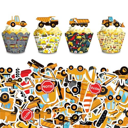 Baufahrzeug Cupcake Topper, 64 Stück Klebreispapier Essbar Torten Deko Baustelle Muffin Cake Topper Tortendeko Cupcake Deko für Kinder Geburtstag von ZmdecQna