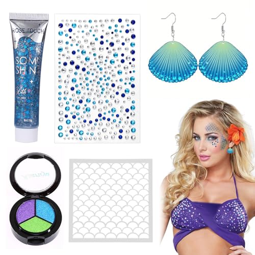 5 Stück Schminkset Meerjungfrau,Schuppen Schablonen+Chunky Sequins Glitter Gel+Ohrringe in Muschelform+Blau Glitzersteine Gesicht Selbstklebend+Meerjungfrau Face Paint,für Karneval oder Club Cosplay von Znnhnn