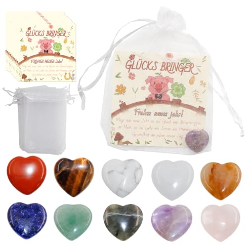 Znnhnn 10x Glückssteine für Kinder, Bunte Glücksbringer Steine mit Grußkarte und Organza Beutel, Glücksbringer Silvester Kinder, Bunte Herzen Steine Set, Give Away Silvester Mitgebsel von Znnhnn