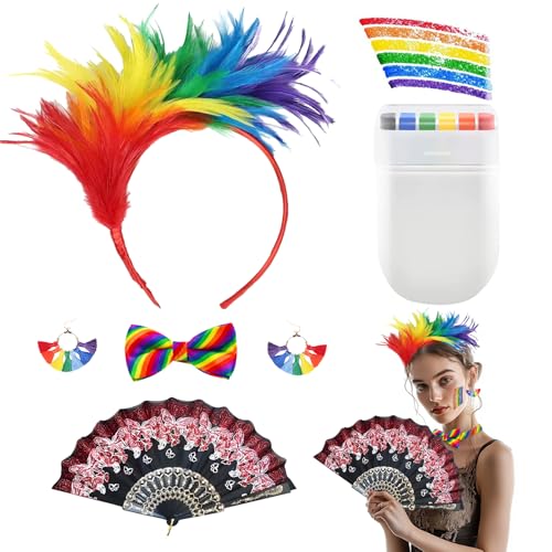 Znnhnn Regenbogen Kostüm Zubehör,Bunt Feder Stirnband,Regenbogen Schminkstift,Regenbogen-Ohrringe mit Quaste,Regenbogen Band, Für Regenbogen Party, Karneval, Mottoparty von Znnhnn