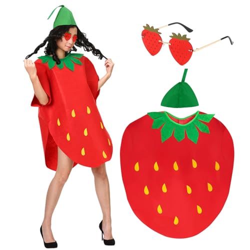 Znnhnn Erdbeer Kostüm Damen,Bedrucktem Überwurf+Erdbeer Brille+Hut,Unisex Erwachsene Erdbeer-Kostüm,Strawberry Obstkostüm für Fasching Karneval Halloween Cosplay Kostüm Party von Znnhnn