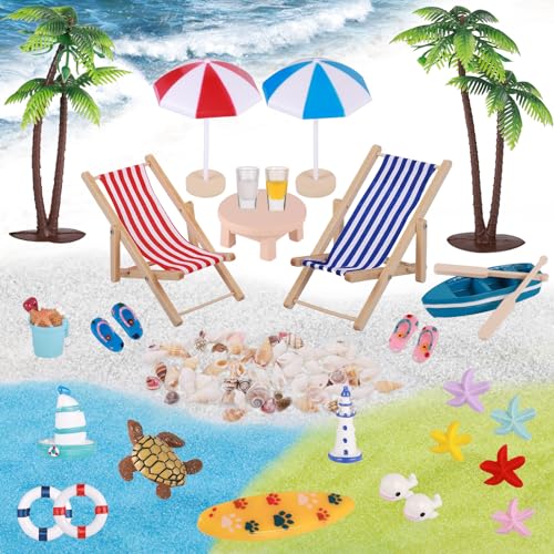 Zocipro 33 Stück Strand Deko Mikrolandschaft, Deko Meer Und Strand Miniliegestuhl Strandkorb Sonnenschirm Kleine Palme, Miniatur Stranddeko für DIY, Zen Garten Dekoration, Einzigartiges Geschenk von Zocipro