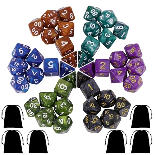 DND Würfel Set, 6 x 7 (42 Stück) Polyedrische Würfel Set, DND Würfel, D&D Würfel für Dungeons and Dragons Pathfinder DND RPG MTG Tischspiele D4 D6 D8 D10 D% D12 D20 mit 6 Schwarze Kordelzugbeutel von ZoeWei