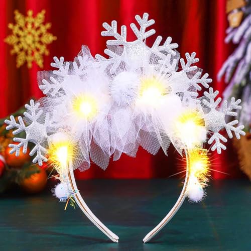 Zoestar Beleuchtetes Schneeflocken-Stirnband, weiße LED-Weihnachts-Stirnbänder, Pompons, Weihnachts-Kopfschmuck, Festival-Kostüm, Haarschmuck für Damen von Zoestar