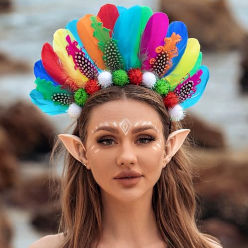 Zoestar Boho-Feder-Stirnband, buntes Pride-Stirnband, Pom Poms, Regenbogen-Haarband, Karneval, Party, Haarband, Festival, Kostüm, Haar-Accessoires für Frauen und Mädchen (Stil 1) von Zoestar