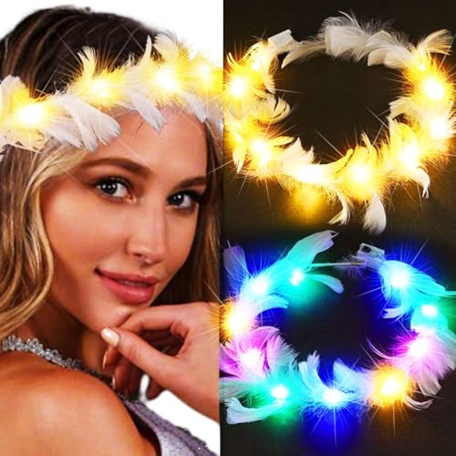 Zoestar LED-Feder-Stirnbänder, leuchtendes Stirnband, blinkend, leuchtend, Kopfschmuck, Festival, Party, Haarschmuck für Damen und Mädchen, 2 Stück von Zoestar