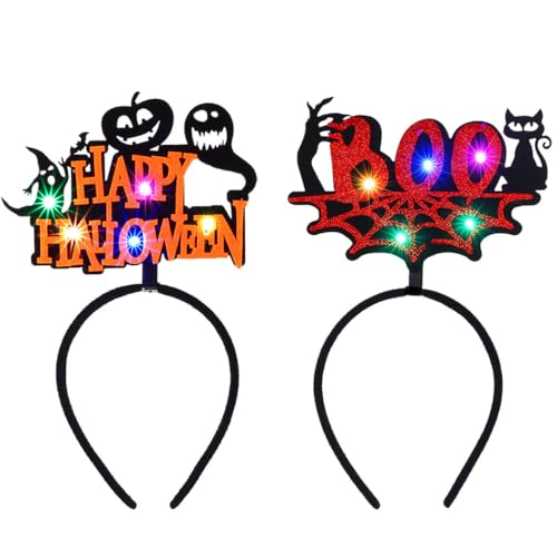 Zoestar LED-Halloween-Stirnbänder, leuchtendes Stirnband, Kürbis, schwarze Katze, Haarreifen, Spinnennetz, Geist, Party-Kostüm, Haarschmuck für Damen und Mädchen, 2 Stück (Stil 2), Einheitsgröße von Zoestar