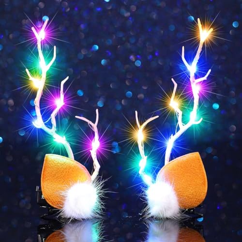 Zoestar LED-Weihnachts-Haarspangen, beleuchtetes Geweih, Haarspangen, Elch, Hirsch, Weihnachts-Haarnadeln, leuchtend, Festival, Kostüm, Haarschmuck für Damen (2 Stück) (Buntes Licht, Einheitsgröße) von Zoestar