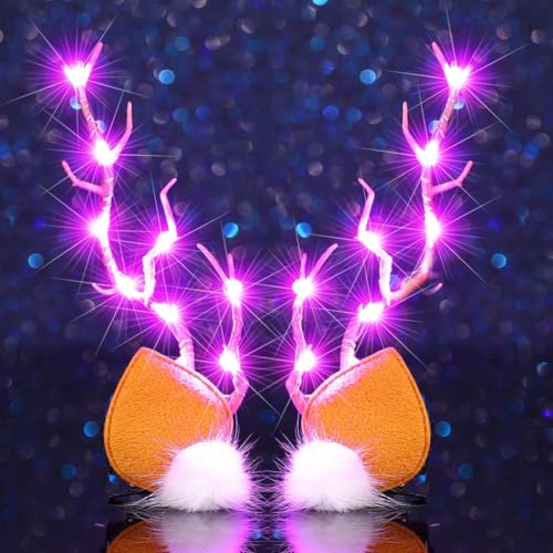 Zoestar LED-Weihnachts-Haarspangen, beleuchtetes Geweih, Haarspangen, Elch, Hirsch, Weihnachts-Haarnadeln, leuchtend, Festival, Kostüm, Haarschmuck für Damen (2 Stück) (Rosa Licht, Einheitsgröße) von Zoestar