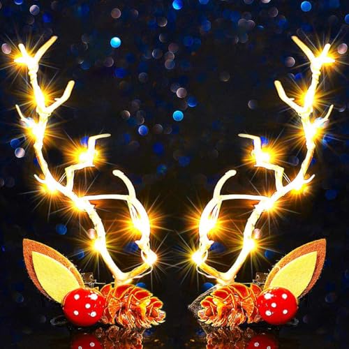 Zoestar leuchtende Haarspangen mit LED-Geweih, Haarspangen, Elch, Hirsch, Weihnachtskopfschmuck, Festivalkostüm, Kopfschmuck, Haarschmuck für Frauen (2 Stück) von Zoestar