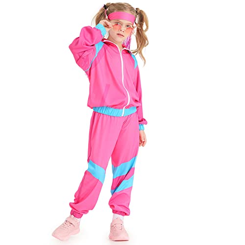 Zofedap 70er 80er 90er Jahre Outfit Kinder Mädchen Jungen Hippie Disco Kostüm Trainingsanzug mit Stirnband Retro Party Faschingskostüme von Zofedap