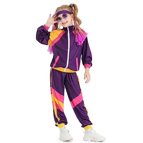 Zofedap 70er 80er 90er Jahre Outfit Kinder Mädchen Jungen Hippie Disco Kostüm Trainingsanzug mit Stirnband Retro Party Faschingskostüme von Zofedap