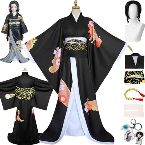 ZoikoM Anime Charakter Kibutsuji Muzan Cosplay Kostüm Outfit Dämonentöter Kimono Kopfschmuck Perücke Schlüsselanhänger Komplettset Halloween Uniform Party Dress Up Anzug für Frauen Mädchen von ZoikoM