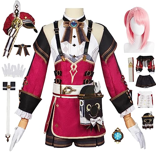 ZoikoM Genshin Impact Charlotte Cosplay Kostüm Komplettes Set mit Perücke und Hüten Genshin Charlotte Cosplay Verkleidung Charlotte Cosplay Uniform Halloween Karneval Party Bühnenauftritt Kostüm von ZoikoM