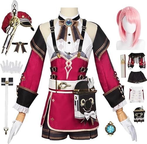 ZoikoM Genshin Impact Charlotte Cosplay Kostüm Komplettset mit Perücke und Hüten Genshin Charlotte Cosplay Kostüm Uniform Halloween Karneval Party Bühnenkostüm von ZoikoM