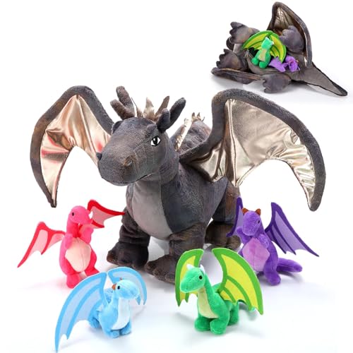 Zomiboo 5 Stück Drachen Plüschtiere Drache Kuscheltier mit Babys im Bauch mit Reißverschluss 40 cm Riesiger Plüsch Drache mit 4 Kleinen Drachen Stofftieren für Kindergeburtstag Kindertag Geschenk von Zomiboo