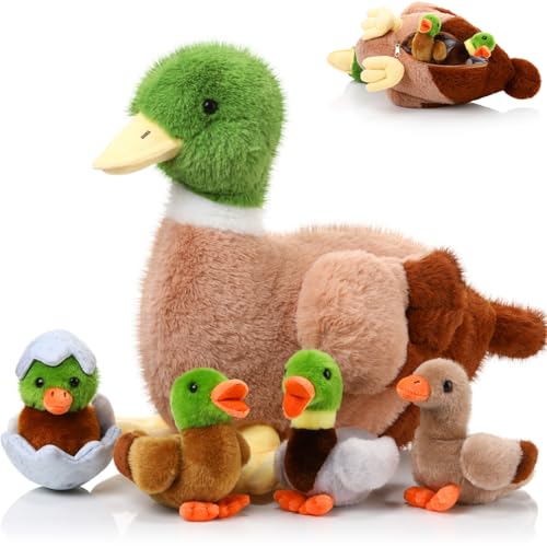 Zomiboo 5 Stück Ente Stofftiere inklusive Big Stuff Mama Ente mit 4 kleinen Baby-Enten Plüschtiere Weiche Ente Familie Plüsch-Set mit Reißverschlussbeutel für Kleinkinder, Jungen, Mädchen (Mallard von Zomiboo