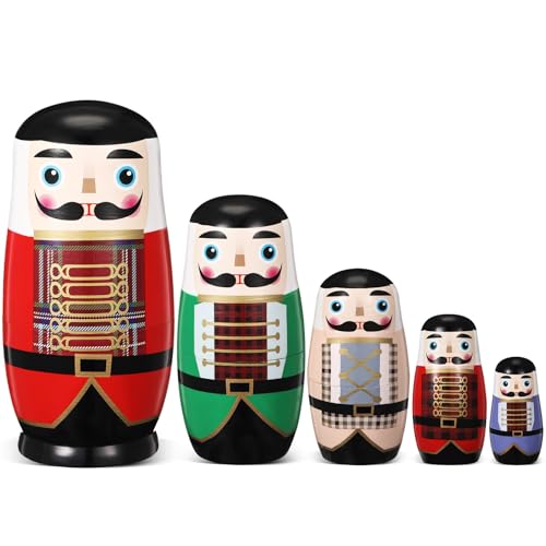 Zomiboo 5 Stück Russische Matroschka Puppen Weihnachten Russische Nistpuppen Nussknacker Soldat Holz Nested Puppe Traditionelle Figuren für Weihnachtsdeko Spielzeug für Kinder Geschenk für Geburtstag von Zomiboo