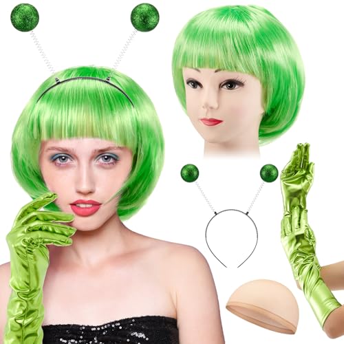 Zomiboo Damen Alien Kostüm Set Metallic Glitzer Alien Stirnband Bob Perücke Damen Alien Haarreif Handschuhe Damen Karneval Space Kostüm Alien Rave Outfit für Cosplay Fasching Party Halloween (Grün) von Zomiboo