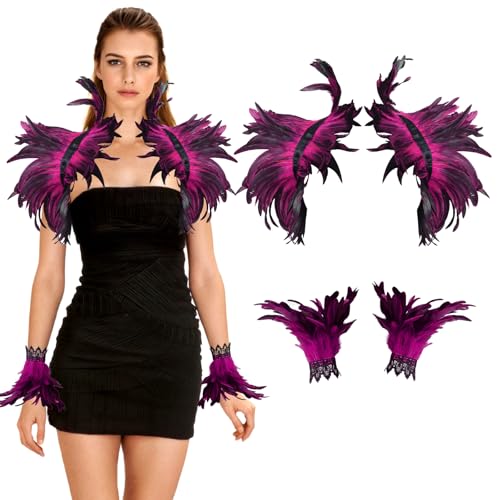 ZoneYan Gothic Gothic Feder Achselzucken mit Feder Manschetten, Federumhang Damen, Federumhang-Schal, Halloween Feder Cape, Damen Gothic Federumhang für Halloween, Karneval, Ballauftritt von ZoneYan