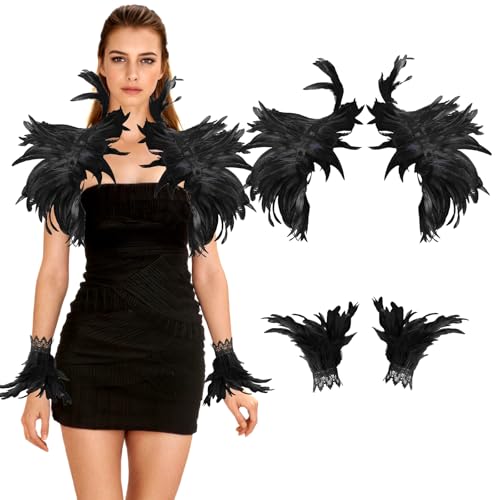 ZoneYan Gothic Gothic Feder Achselzucken mit Feder Manschetten, Federumhang Damen, Federumhang-Schal, Halloween Feder Cape, Damen Gothic Federumhang für Halloween, Karneval, Ballauftritt von ZoneYan