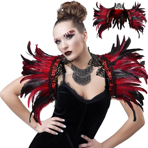 ZoneYan Damen Gothic Feder Umhang Kragen, Capelet federkragen, Halloween Federumhang flügel Schulter, Faschingskostüme für Teufel, Maleficent Kostüm Vampir, Halloween Accessoires Karneval Outfit von ZoneYan