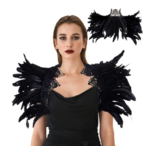 ZoneYan Damen Gothic Feder Umhang Kragen, Capelet federkragen, Halloween Federumhang flügel Schulter, Faschingskostüme für Teufel, Maleficent Kostüm Vampir, Karnevalskostüm, Halloween Accessoires von ZoneYan