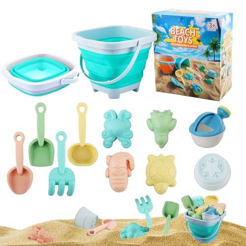 Sandspielzeug Set, ZoneYan 11Pcs Strandspielzeug Kinder, Sandkasten Spielzeug mit Faltbarer Eimer, Sandharke, Schaufel, Sandformen, Gartenspielzeug Kinder Draußen ab 3 Jahre von ZoneYan