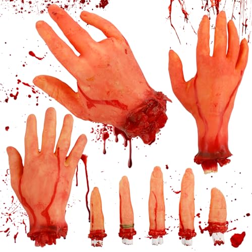 Zoonvii Halloween Blood Requisiten,8 Stück Halloween Blutige Handschuhe Set,Gebrochene Körperteile Gruselige Abgetrennte Hand und Finger Für Haunted House Party Supplies,Zombie, Partyzubehör von Zoonvii