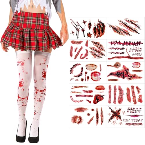 Halloween Blutstrümpfe, Blutige Strümpfe Halloween mit Wunden Temporäre Tattoos Halloween, Halloween Cosplay Weibliche High-School-Schülerin Blutige Socken von Zoonvii